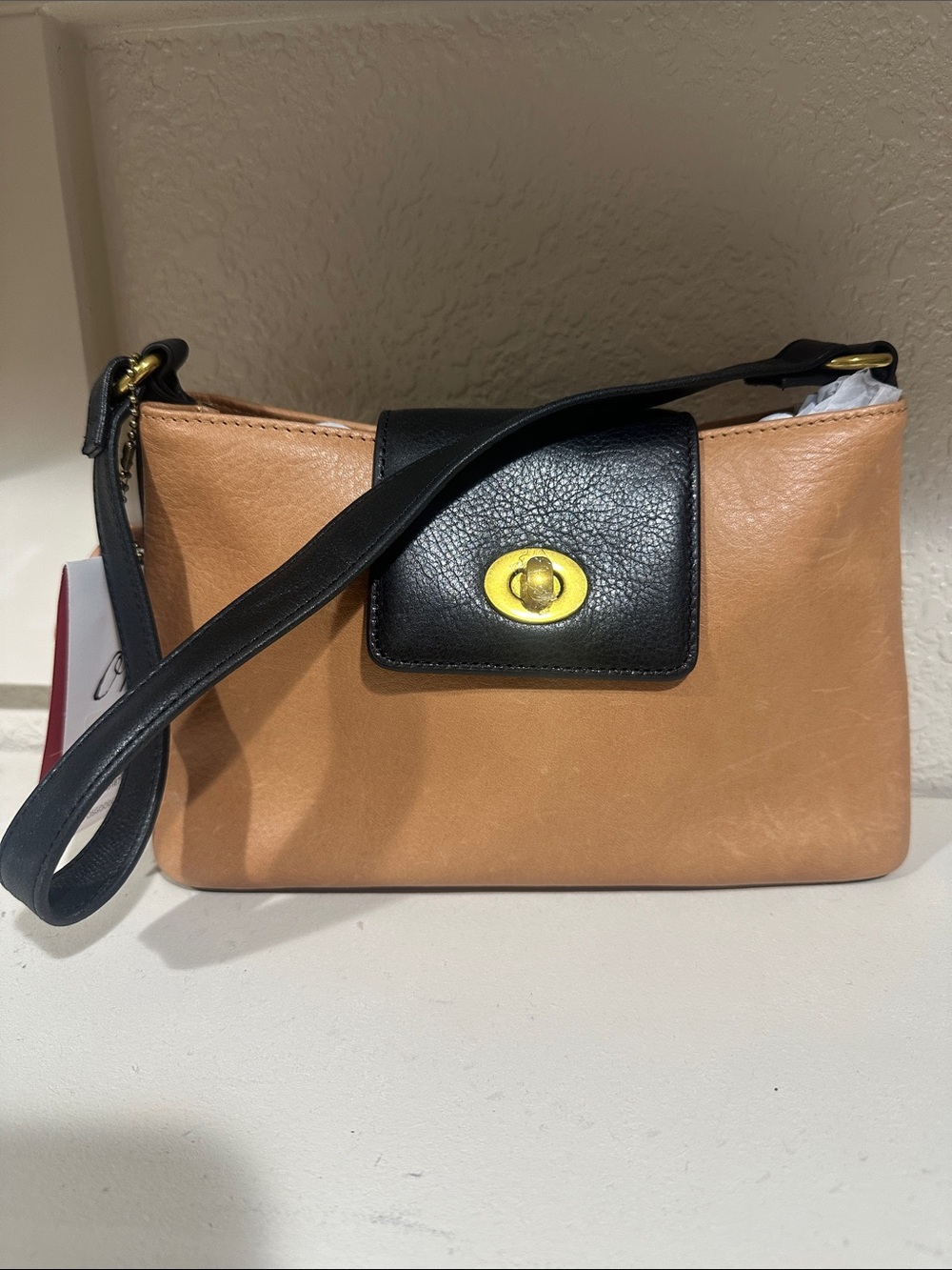 Leather Wristlet Clutch in Tan and Black with Gold Hardware